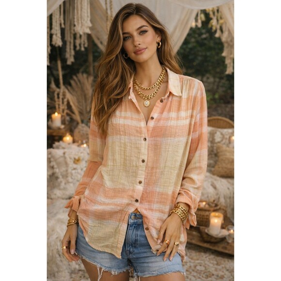 Anthropologie Tops - Anthropologie Cotton Gauze Blouse Top Size 12 Peach Cream Gold Holding Horses